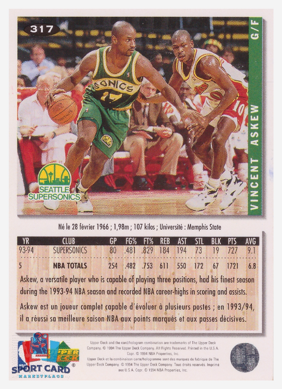 1994 Upper Deck Collector's Choice Vincent Askew / Seattle SuperSonics #317