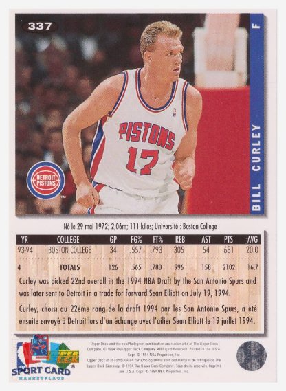 1994 Upper Deck Collector's Choice Bill Curley / Detroit Pistons #337