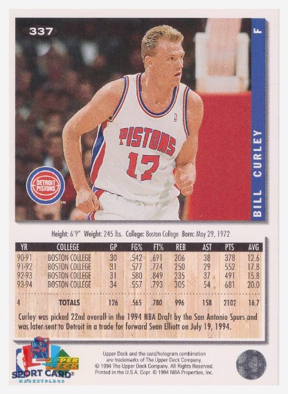 1994 Upper Deck Collector's Choice - Silver Signature Bill Curley / Detroit Pistons #337