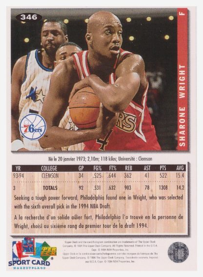1994 Upper Deck Collector's Choice Sharone Wright / Philadelphia 76ers #346