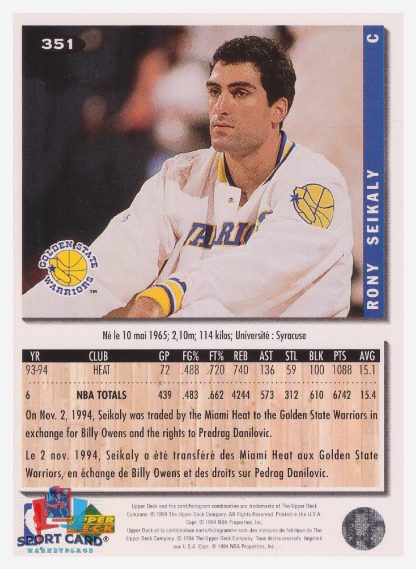 1994 Upper Deck Collector's Choice Rony Seikaly / Golden State Warriors #351