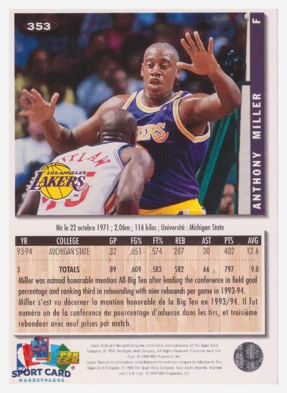 1994 Upper Deck Collector's Choice Anthony Miller / Los Angeles Lakers #353