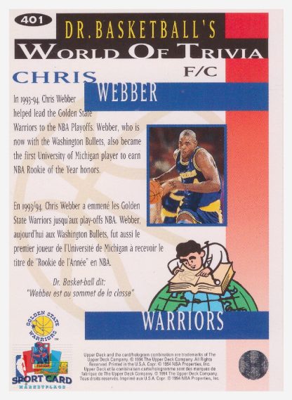 1994 Upper Deck Collector's Choice - Dr Basketball's World Of Trivia Chris Webber / Golden State Warriors #401