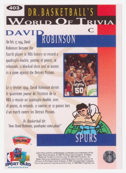1994 Upper Deck Collector's Choice - Dr Basketball's World Of Trivia David Robinson / San Antonio Spurs #403