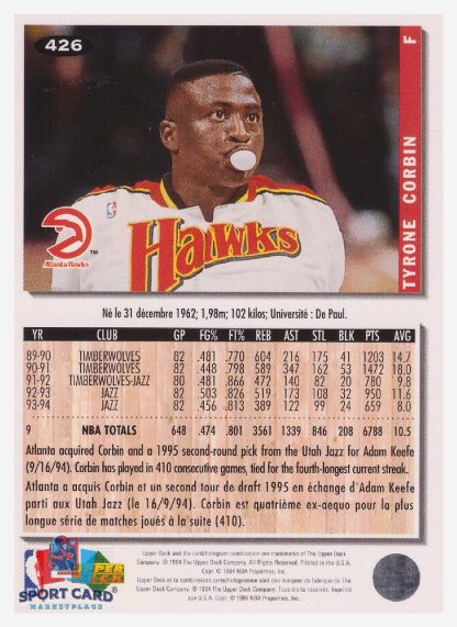 1994 Upper Deck Collector's Choice Tyrone Corbin / Atlanta Hawks #426