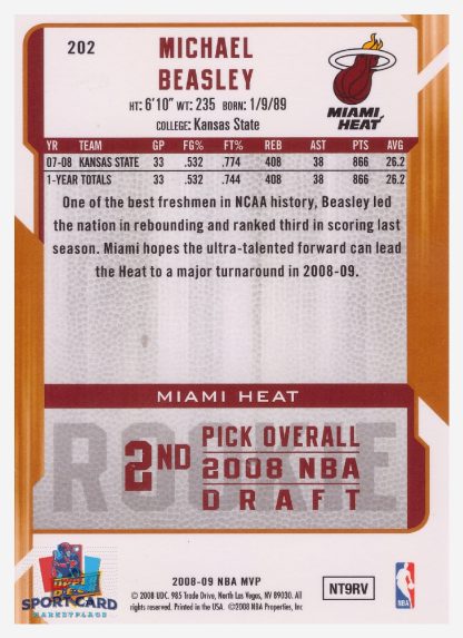 2008 Upper Deck MVP Michael Beasley / Miami Heat #202 RC