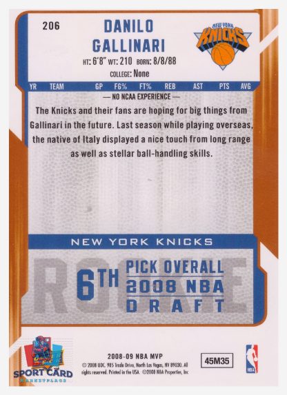 2008 Upper Deck MVP Danilo Gallinari / New York Knicks #206 RC