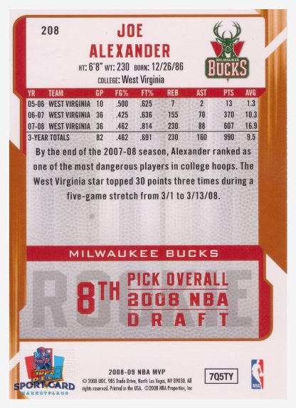2008 Upper Deck MVP Joe Alexander / Milwaukee Bucks #208 RC