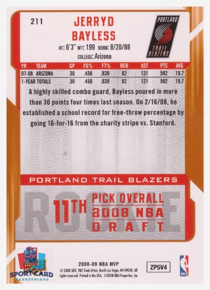 2008 Upper Deck MVP Jerryd Bayless / Portland Trail Blazers #211 RC