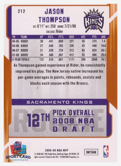 2008 Upper Deck MVP Jason Thompson / Sacramento Kings #212 RC