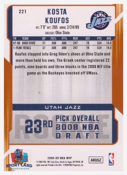 2008 Upper Deck MVP Kosta Koufos / Utah Jazz #221 RC