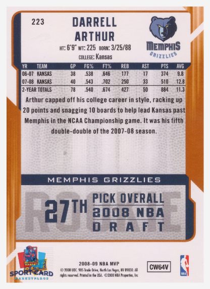 2008 Upper Deck MVP Darrell Arthur / Memphis Grizzlies #223 RC