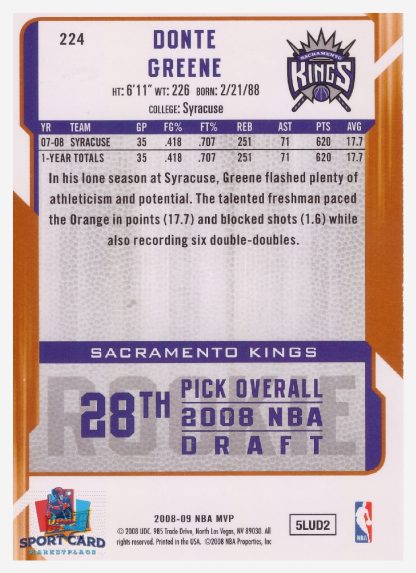 2008 Upper Deck MVP Donte Greene / Sacramento Kings #224 RC