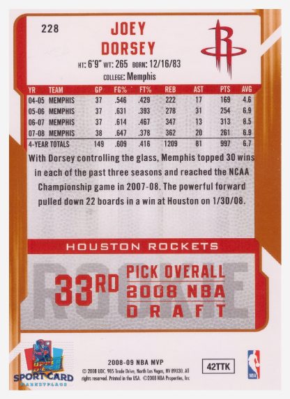 2008 Upper Deck MVP Joey Dorsey / Houston Rockets #228 RC