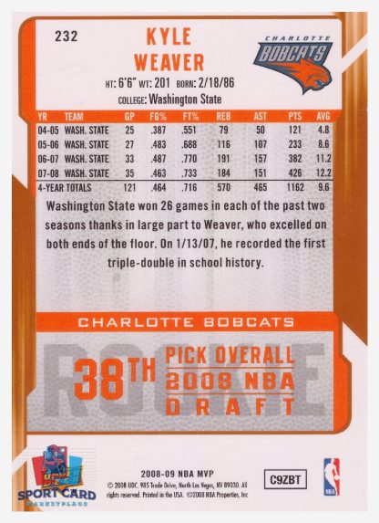 2008 Upper Deck MVP Kyle Weaver / Charlotte Bobcats #232 RC