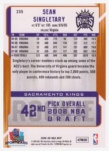 2008 Upper Deck MVP Sean Singletary / Sacramento Kings #235 RC