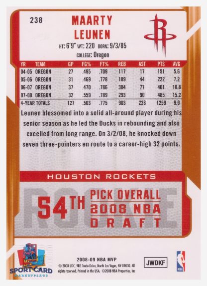 2008 Upper Deck MVP Maarty Leunen / Houston Rockets #238 RC