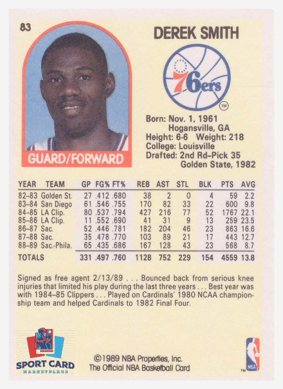 1989-90 NBA Hoops #83 Derek Smith / Philadelphia 76ers