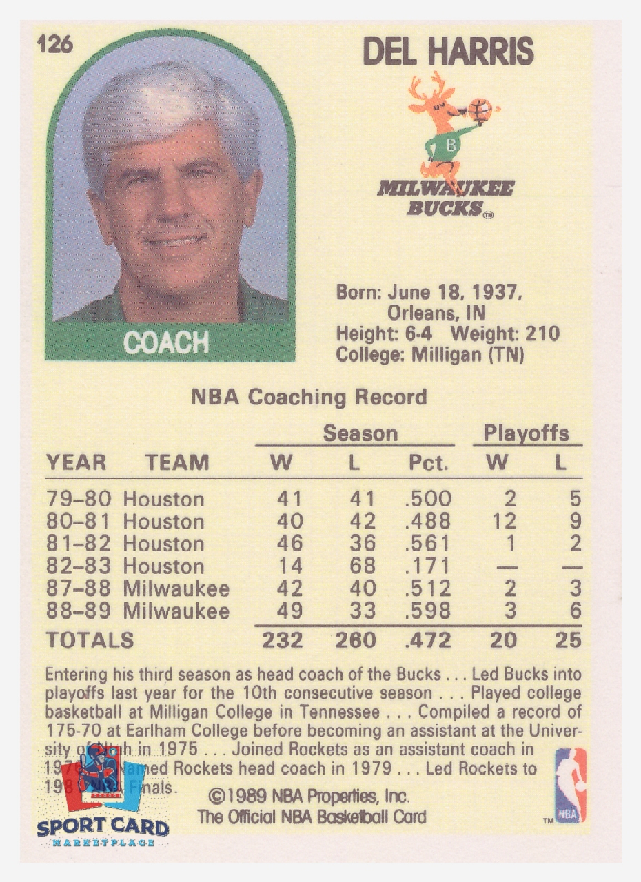 1989-90 NBA Hoops #126 Del Harris / Milwaukee Bucks – Image 2