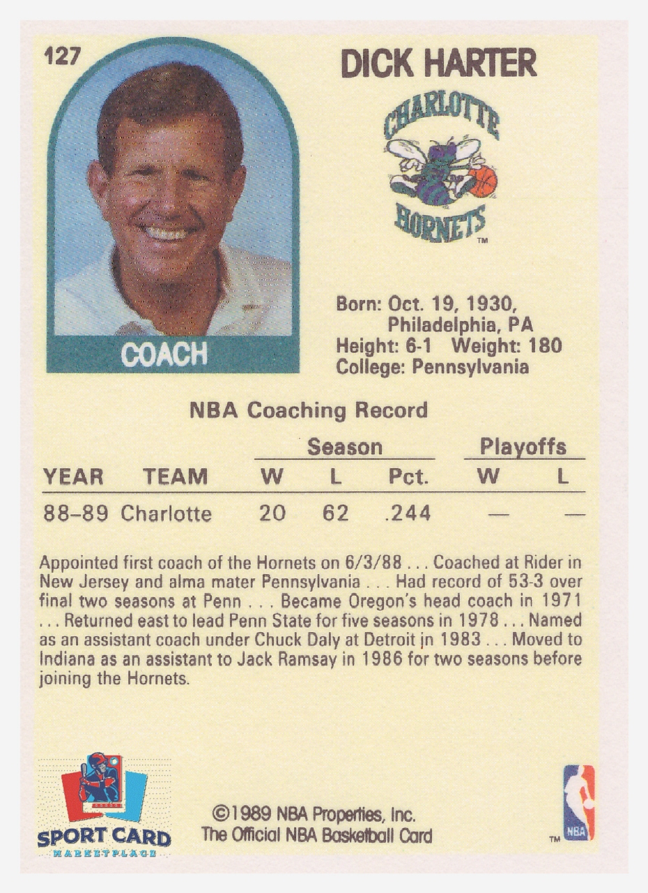 1989-90 NBA Hoops #127 Dick Harter / Charlotte Hornets – Image 2