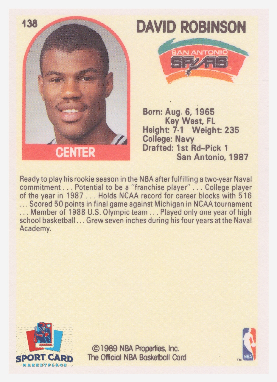1989-90 NBA Hoops #138 David Robinson / San Antonio Spurs – Image 2