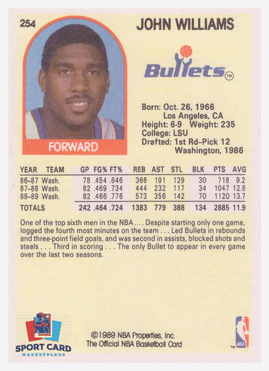 1989-90 NBA Hoops #254 John Williams / Washington Bullets