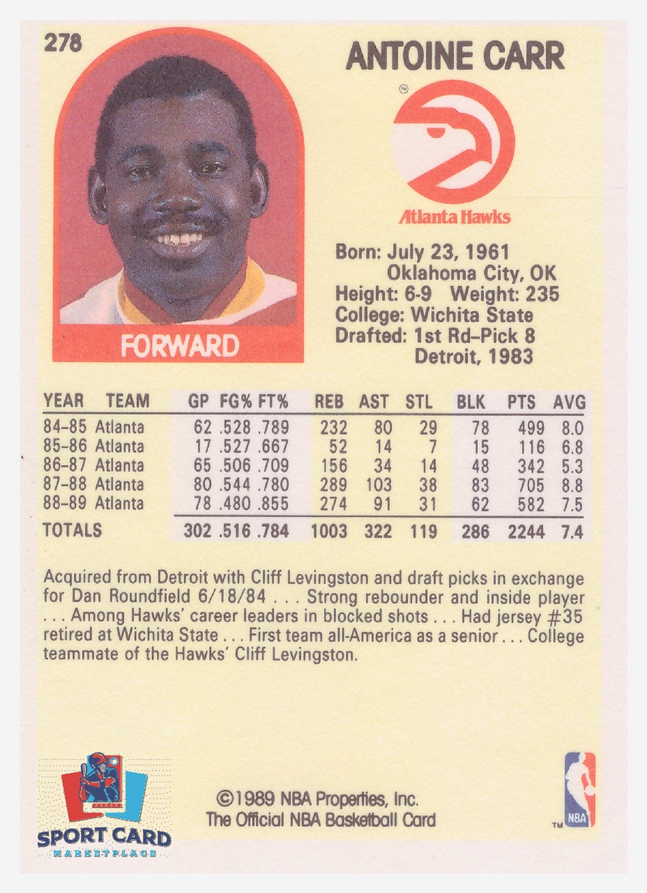 1989-90 NBA Hoops #278 Antoine Carr / Atlanta Hawks – Image 2