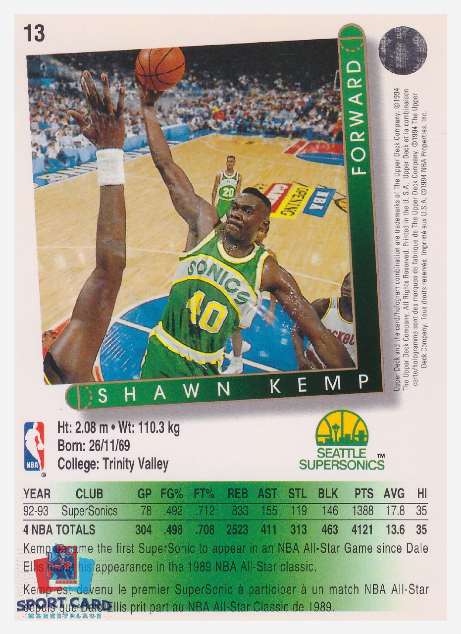 1994 Upper Deck Shawn Kemp / Seattle Supersonics #13 – Image 2