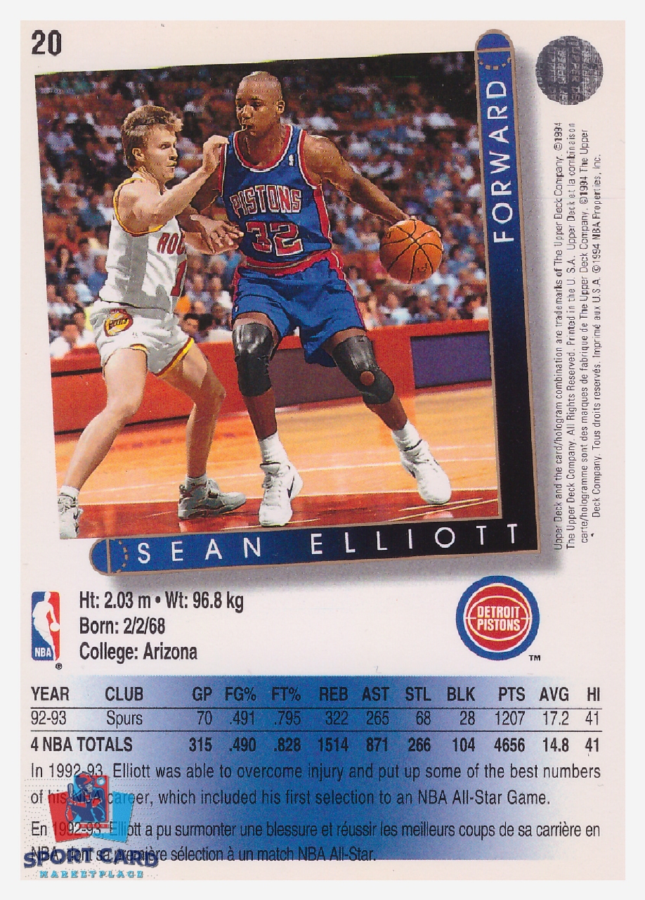 1994 Upper Deck Sean Elliott / Detroit Pistons #20 – Image 2