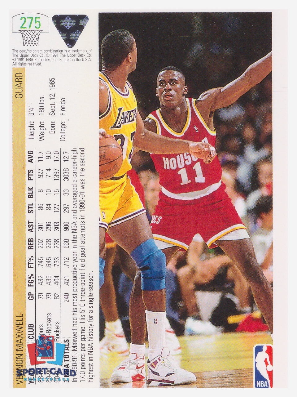 1991-92 Upper Deck Vernon Maxwell / Houston Rockets #275 – Image 2