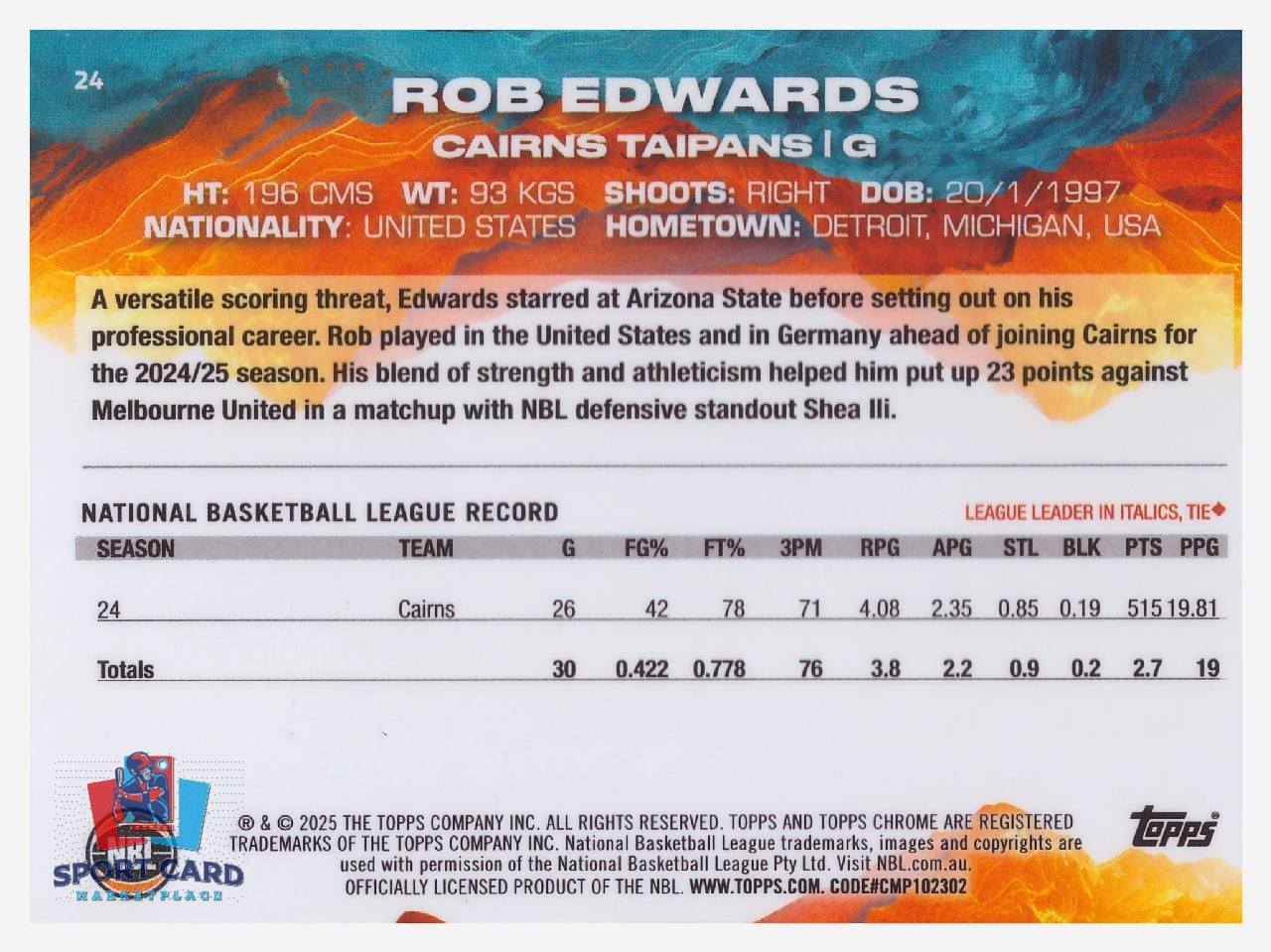 2024-25 Topps Chrome NBL Rob Edwards / Cairns Taipans #24