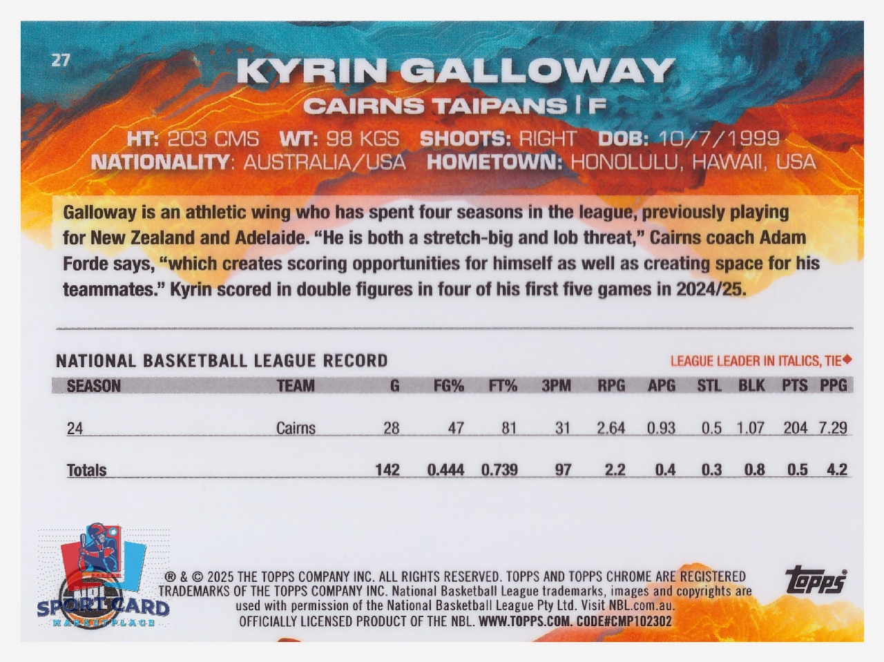 2024-25 Topps Chrome NBL Kyrin Galloway / Cairns Taipans #27 – Image 2