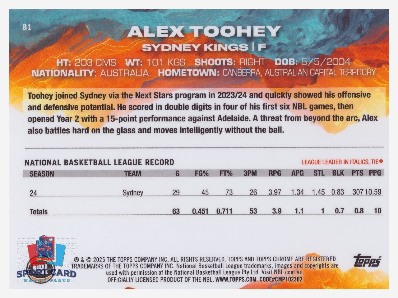2024-25 Topps Chrome NBL Alex Toohey / Sydney Kings #81